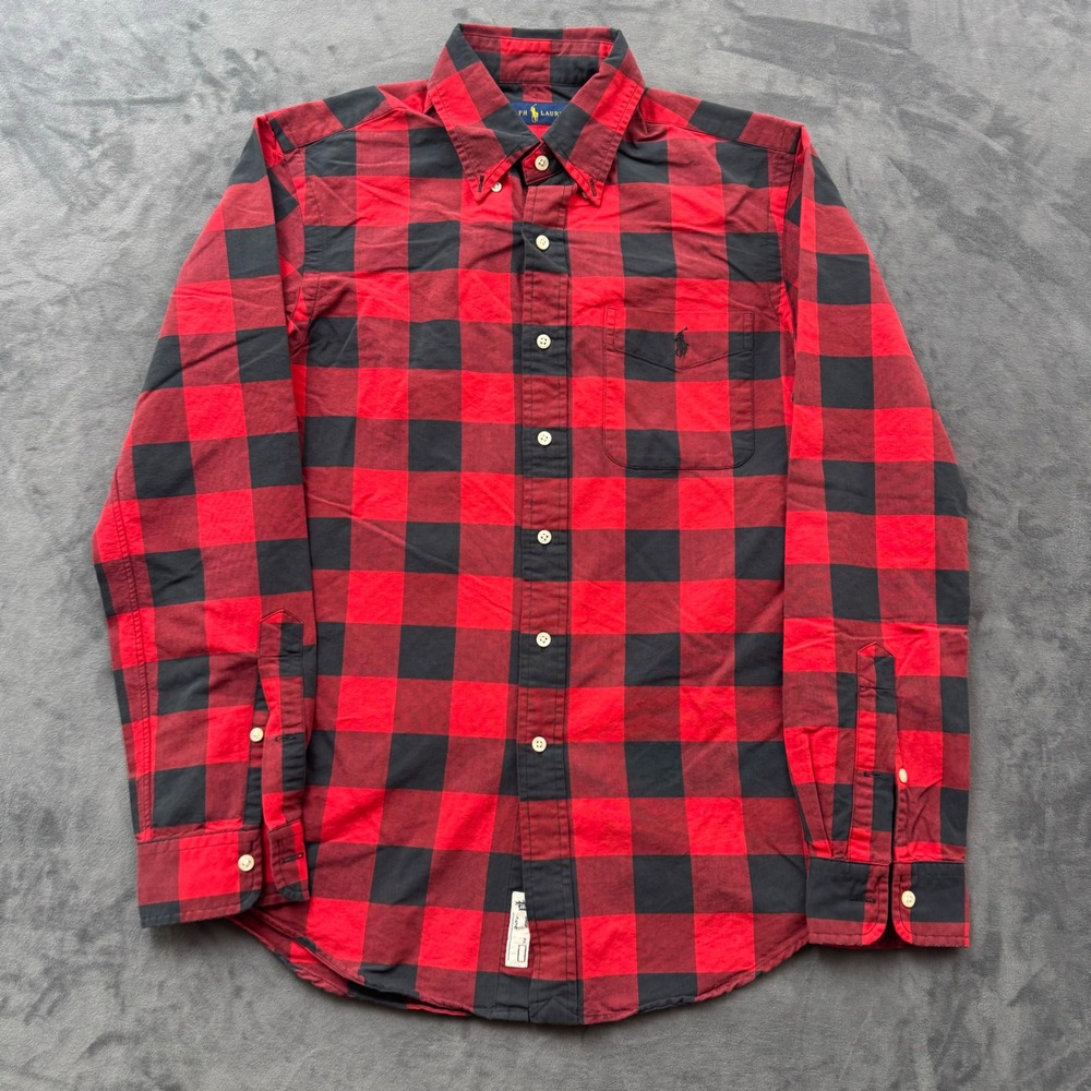 Polo Ralph Lauren Mens Red Black Buffalo Plaid Cotton Button Down Shirt Small